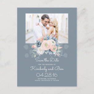 Carte Postale Faire-part Bleu pâle et Rose poussiéreux floral Enregistrer l
