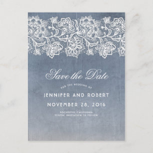 Carte Postale Faire-part Bleu poussiéreux dentelle vintage Save the Date