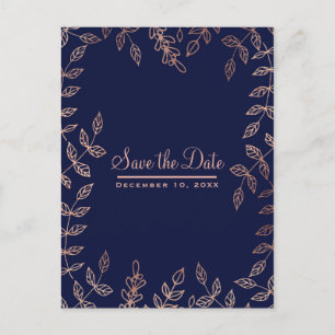Carte Postale Faire-part Bleu & Rose Gold Glam Botanique Enregistrer la dat