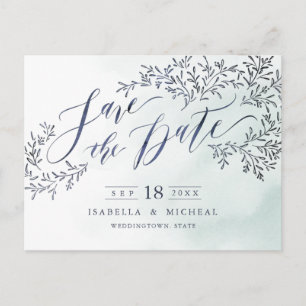 Carte Postale Faire-part Bleu sarcelle calligraphie florale rustique à cons