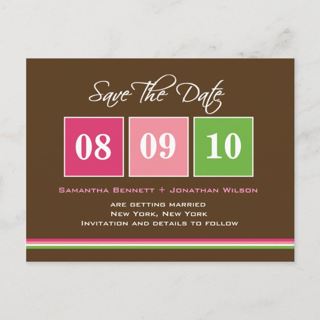 Carte Postale Faire-part Blocs de dates - Fuchsia Green (Devant)