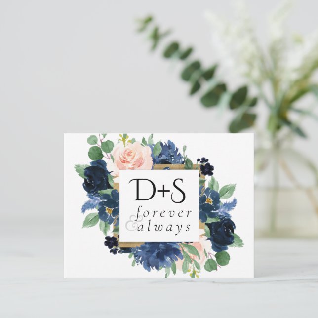 Carte Postale Faire-part Blooms Chics | Mariage bleu et blanc de la marine  (Debout devant)