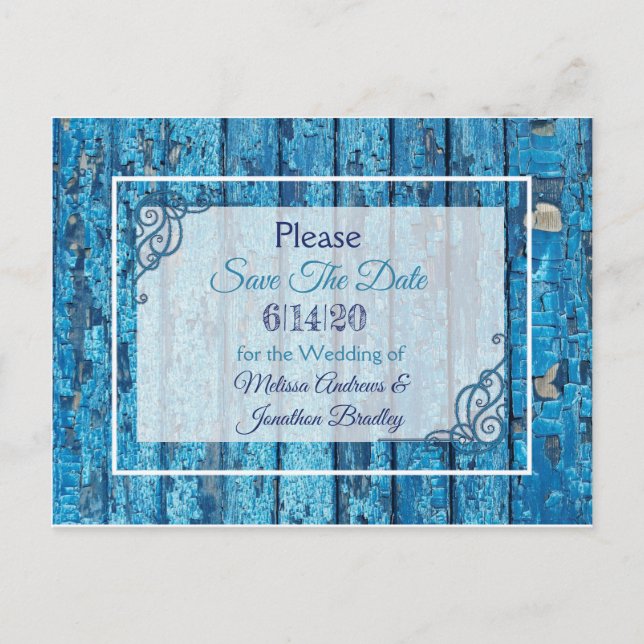 Carte Postale Faire-part Blue Antique Mariage Patiné en bois Enregistrer la (Devant)