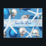 Carte Postale Faire-part Blue Christmas Beach Wedding Enregistrer la date C<br><div class="desc">Carte postale de la destination de Noël bleu. Des ornements d'arbre bleu et blanc et des étoiles de mer blanches ont décoré cette carte de mariage à thème tropical "save the date". Customisez facilement avec votre propre texte en utilisant les modèles à l'avant et à l'arrière. Les cartes postales abordables...</div>