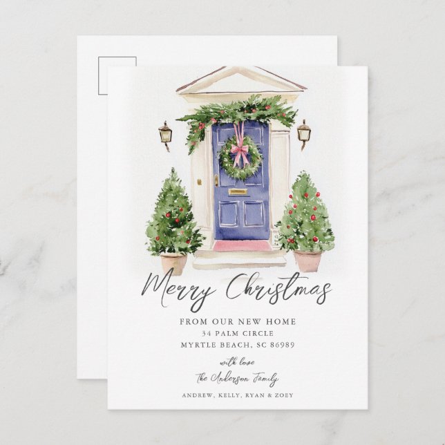 Carte Postale Faire-part Blue Door Rustic Christmas New Home Card (Devant / Derrière)