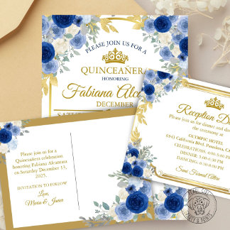 Carte Postale Faire-part Blue & Gold Floral Save the Date