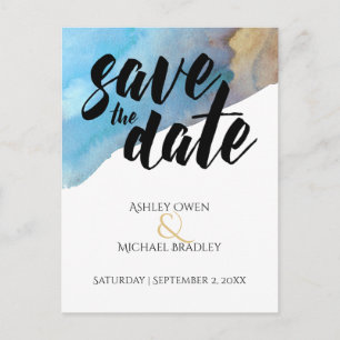 Carte Postale Faire-part Blue & Sand Artsy Beach Aquarelle Save the Date
