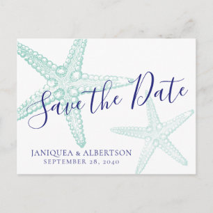 Carte Postale Faire-part Blue Starfish Beach Wedding Enregistrer la date Ca