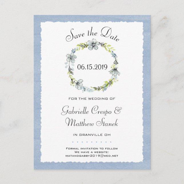 Carte Postale Faire-part Blue Wreath Elegance Wedding Enregistrer la date (Devant)