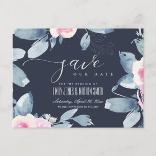 CARTE POSTALE FAIRE-PART BLUSH BLEU NAVY FLEURS AQUARELLE ÉVÉNEMENT À VENIR