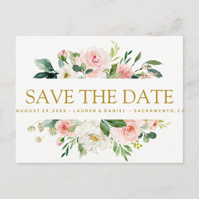 Carte Postale Faire-part Blush moderne | Floral Gold WEDDING enregistrer la (Devant)