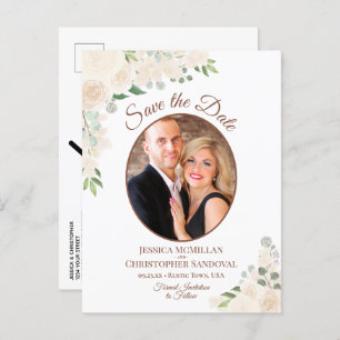 Carte Postale Faire-part Blush Peach Roses Oval Photo Wedding Enregistrer l