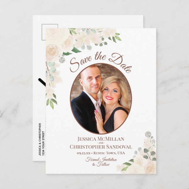 Carte Postale Faire-part Blush Peach Roses Oval Photo Wedding Enregistrer l (Devant / Derrière)