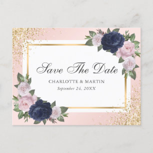 Carte Postale Faire-part Blush Pink Gold Navy Blue Floral Mariage