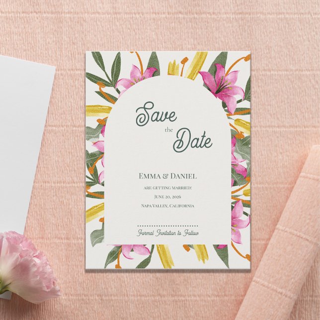 Carte Postale Faire-part Blush Pink Lily Arched Wedding Save the Date (Blush Pink Lily Arched Save the Date | Romantic Botanical Floral Arch Garden Wedding Announcement )