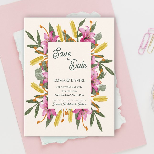 Carte Postale Faire-part Blush Pink Lily Botanical Romantic Wedding (Blush Pink Lily Botanical Save the Date | Romantic Watercolor Floral Garden Wedding Announcement)
