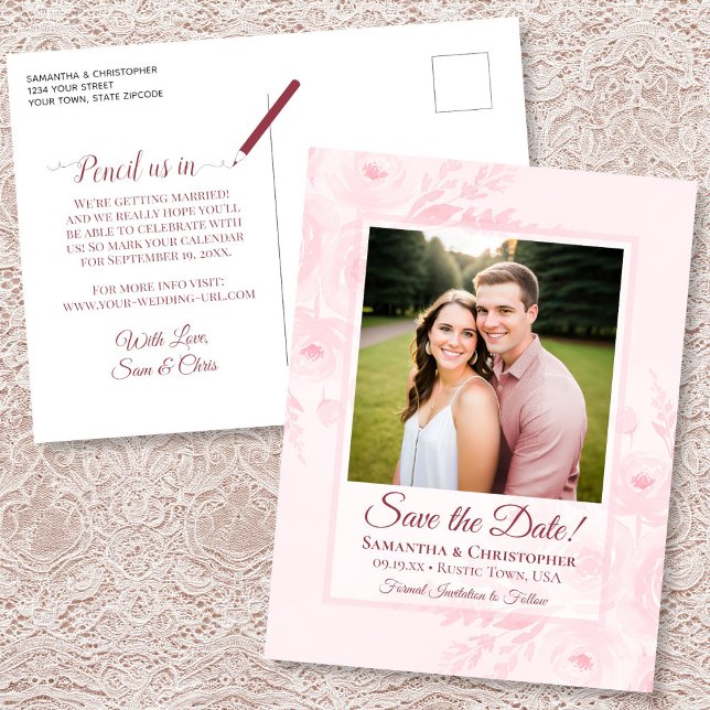 Carte Postale Faire-part Blush Pink Peonies & Photo Wedding Save the Date (Front/Back)