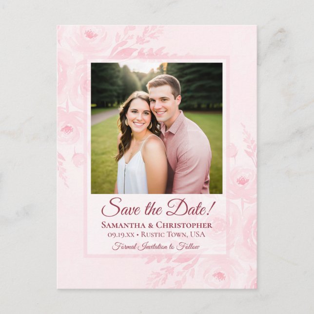 Carte Postale Faire-part Blush Pink Peonies & Photo Wedding Save the Date (Devant)