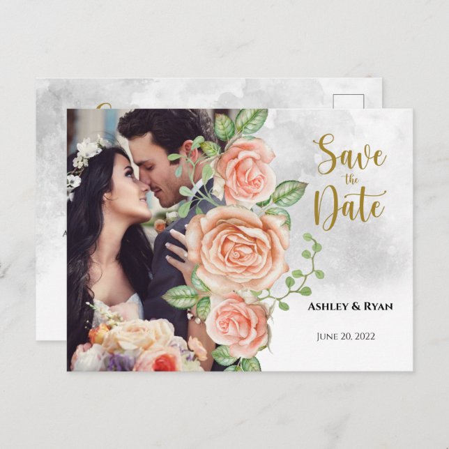 Carte Postale Faire-part Blush Pink Photo Wedding Enregistrer la date Annon (Devant / Derrière)