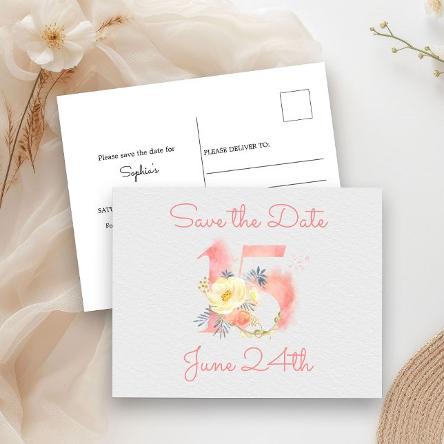 Carte Postale Faire-part Blush rose floral Numéro 15 Enregistrer la date (Save the Date postcard from my Blush Pink Number 15 Quinceanera collection
)