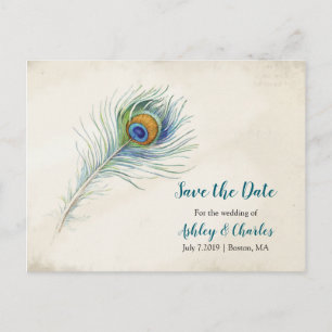 Carte Postale Faire-part Bohême Peacock Feather Wedding Enregistrer la date
