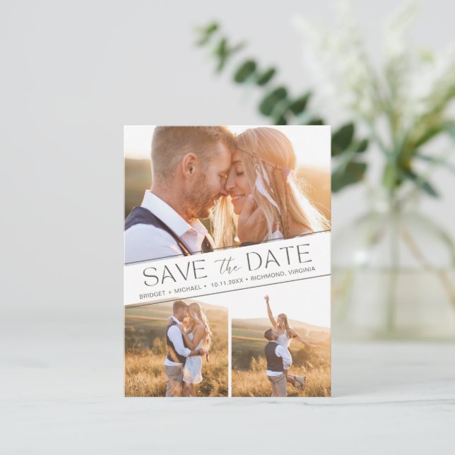 Carte Postale Faire-part Boho 3 Photo Collage Mariage Enregistrer la date (Debout devant)