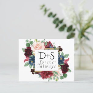 Carte Postale Faire-part Boho Bloom Bourgogne Navy Monogramme Enregistrer
