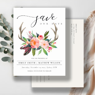 CARTE POSTALE FAIRE-PART BOHO BLUSH ANTLER PAYS FLORAL ENREGISTRER LA DATE