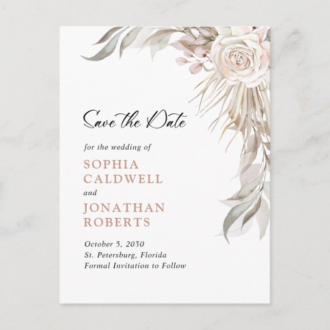 Carte Postale Faire-part Boho Blush Rose Pâle Feuillage Élégant Économisez  (Devant)