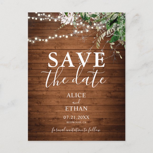Carte Postale Faire-part Boho Bois vert Script Mariage Enregistrer La Date (Devant)