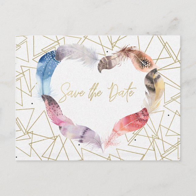 Carte Postale Faire-part Boho Chic Feather Heart Sauvegarder la Date Modern (Devant)