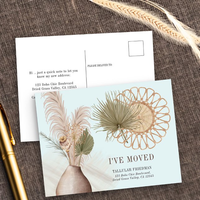 Carte Postale Faire-part Boho Chic J'ai Déménagé Palm séché et Pampas Démén (New Address postcard with boho rattan cane, pampas and dried leaves)