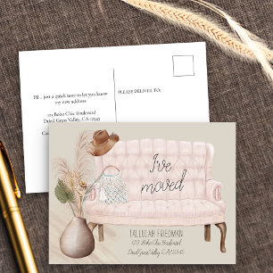 Carte Postale Faire-part Boho Chic J'ai Déplacé Canapé Rose Herbe Séchée Dé
