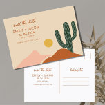 Carte Postale Faire-part Boho Desert Budget Wedding Enregistrer la date<br><div class="desc">Parfait pour le couple qui planifie la fête des mariages du désert de Boho. Ce mariage économique enregistrer la date carte postale présente une scène désertique avec cactus dans un design coloré imprimé avec vos détails mariages.</div>