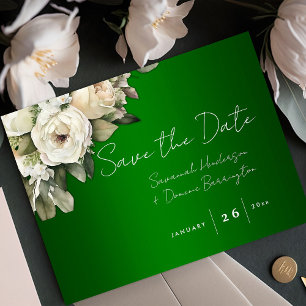 Carte Postale Faire-part Boho Emerald Green avec des roses blanches Sauvez 