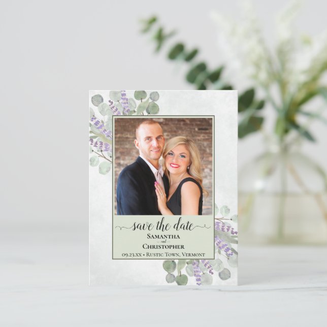 Carte Postale Faire-part Boho Eucalyptus et Sauge Mariage Photo de Save the (Debout devant)
