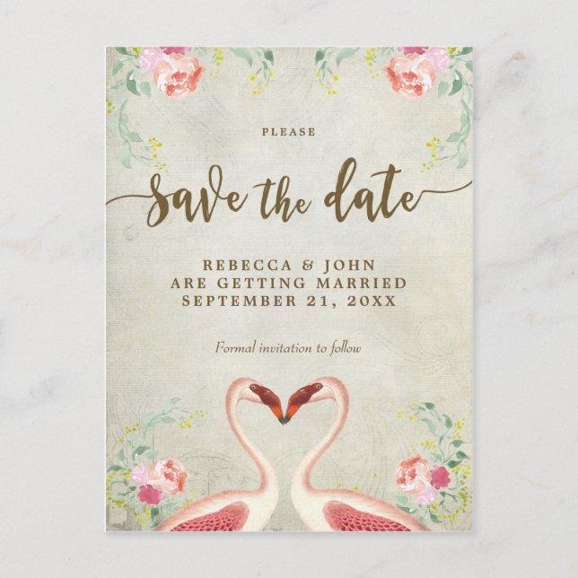 Carte Postale Faire-part boho floral flamingo mariage enregistrer la date (Devant)