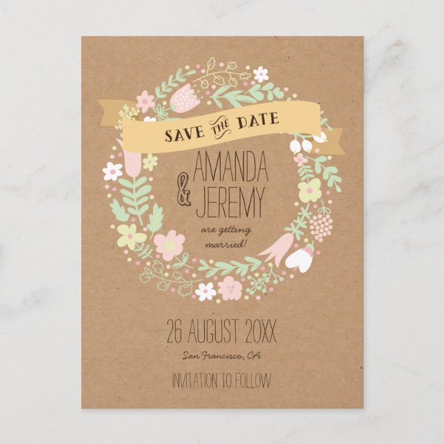 Carte Postale Faire-part Boho Floral Wreath Pastel Rustic Enregistrer la da (Devant)