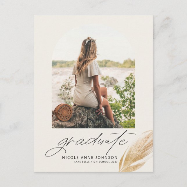 Carte Postale Faire-part Boho Gold Parties scintillant Feather Photo Gradua (Devant)