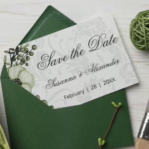 Carte Postale Faire-part Boho Green Wreath et Mariage damassé Enregistrer l