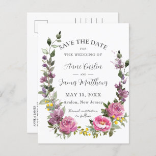 Carte Postale Faire-part Boho Magenta Purple Mariage Floral Enregistrer la