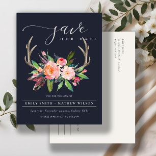 CARTE POSTALE FAIRE-PART BOHO NAVY ROSE ÉLAN FLORAL CAMPAGNE SAVE THE DATE