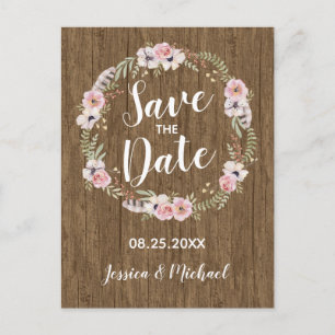 Carte Postale Faire-part Boho rustique Boho Wood Floral Enregistrer la date