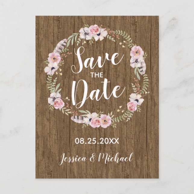 Carte Postale Faire-part Boho rustique Boho Wood Floral Enregistrer la date (Devant)