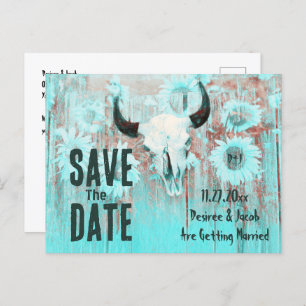 Carte Postale Faire-part Boho rustique Turquoise Sunflower Ouest Vache Crân