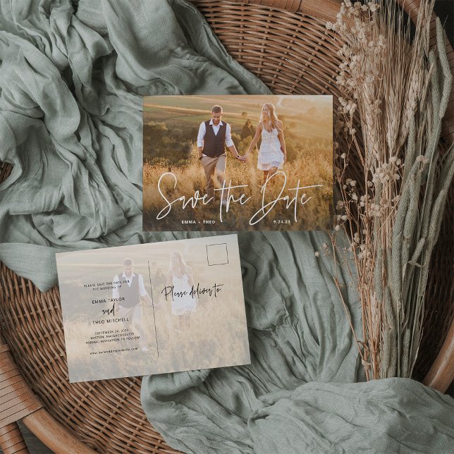 Carte Postale Faire-part Boho simple | Elégant script photo Enregistrer la  (Créateur téléchargé)