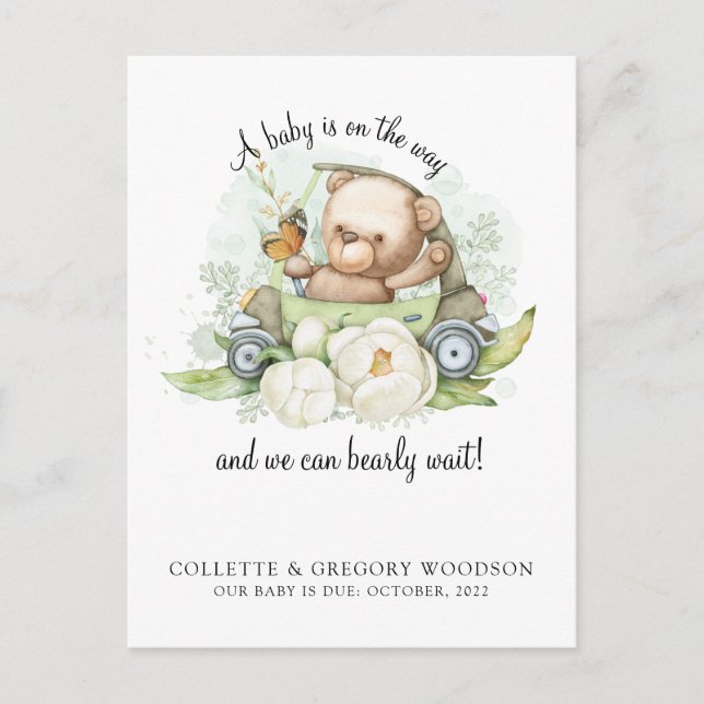 Carte Postale Faire-part Boho Teddy Bear Brown Sage Green Bearly Wait (Devant)