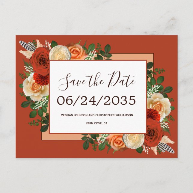 Carte Postale Faire-part Boho Terracotta rouille Mariage floral Enregistrer (Devant)