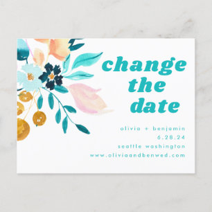 Carte Postale Faire-part Boho Turquoise bleu et or aquarelle Mariage floral