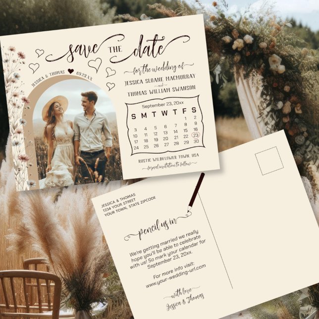 Carte Postale Faire-part Boho Wildflowers Calendar & Photo Save the Date (Front/Back)
